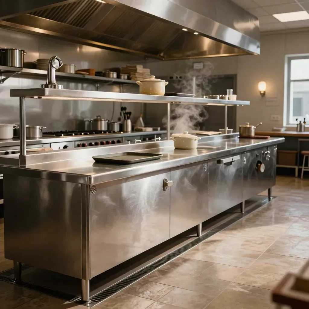 Cocina de restaurante impecable con trampas discretas y acero brillante, lista para reabrir.