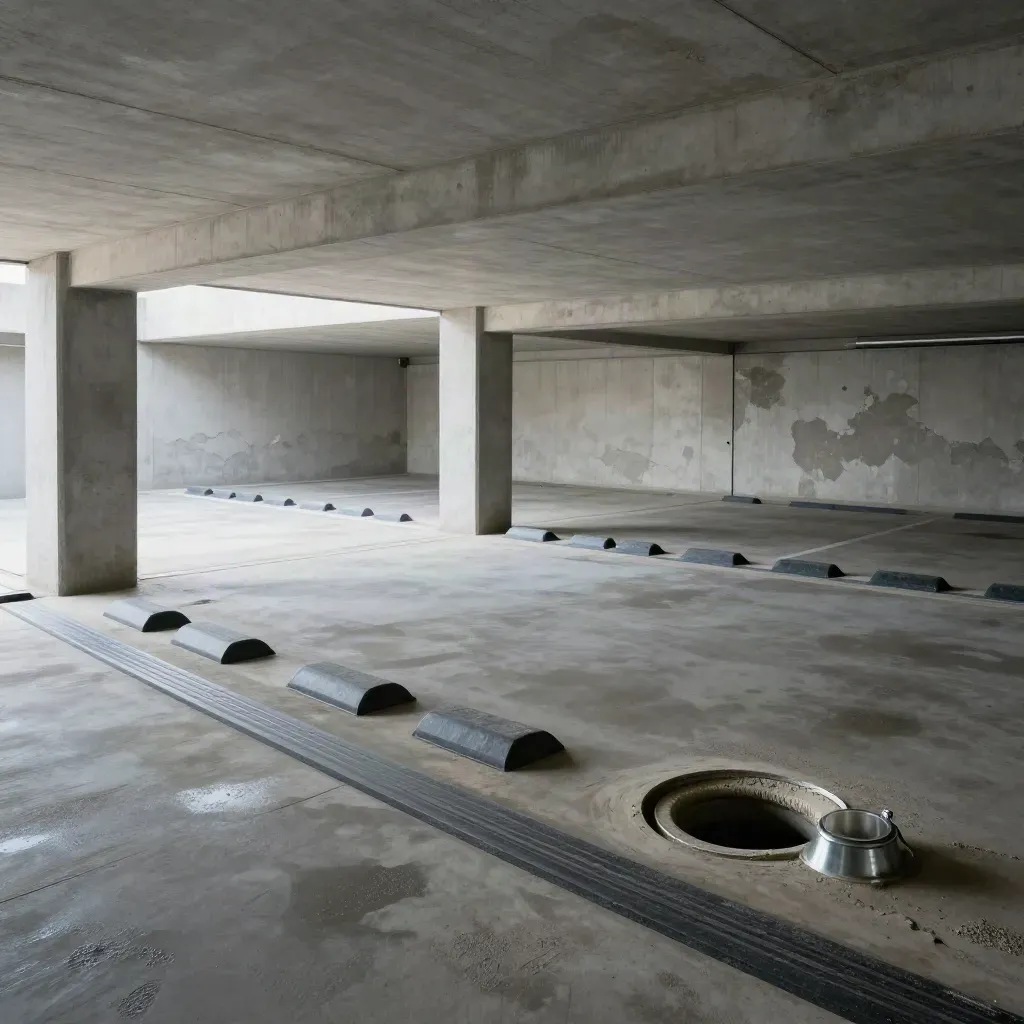 Garaje subterráneo limpio con accesos sellados, topes de rueda y ambiente seco.