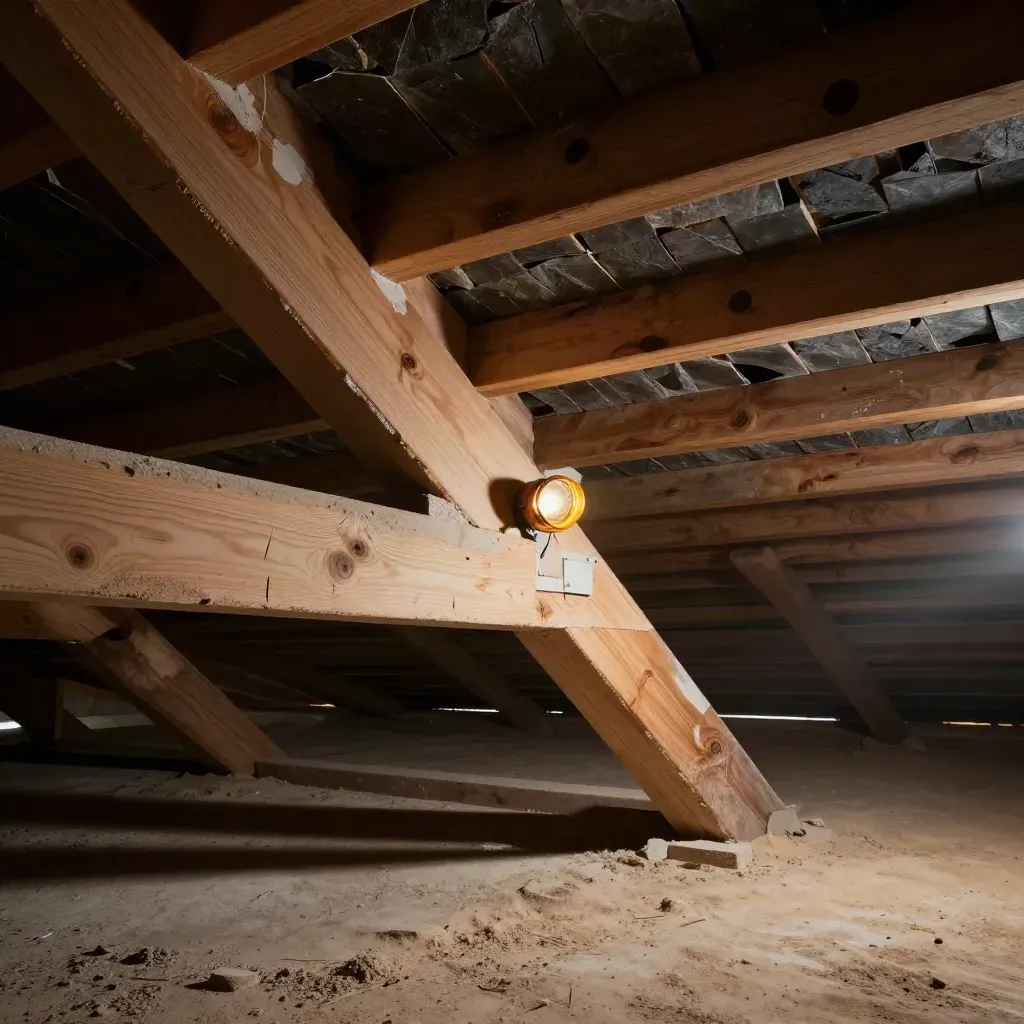 Ático con vigas tratadas, luz de inspección y polvo suspendido.
