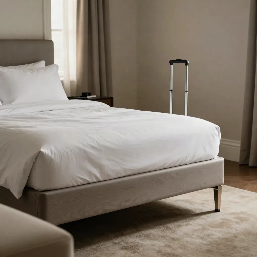 Habitación de hotel lista, cama impecable y portaequipaje vacío con luz suave.