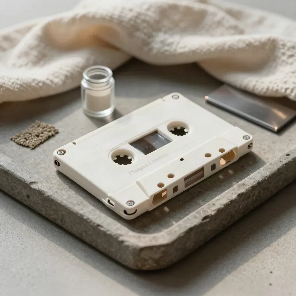Bandeja de piedra con tapón sellado, cassette de trampa y muestra limpia en luz suave.