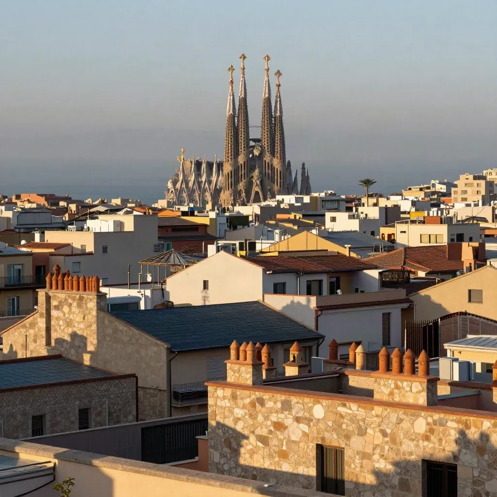 Vistas del Eixample de Barcelona con las agujas de la Sagrada Família sobre la neblina del mar