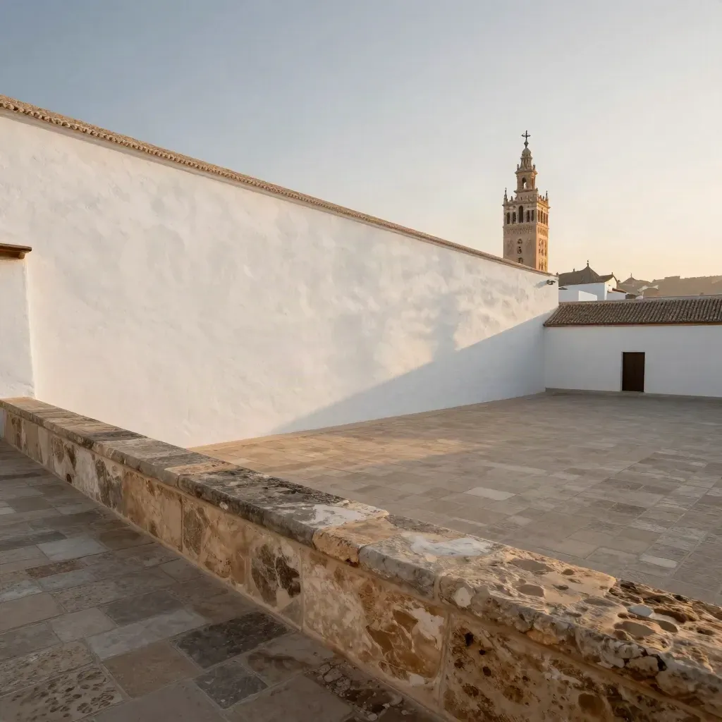 Patio andaluz con muro encalado, piedra cálida y silueta lejana de la Giralda al atardecer